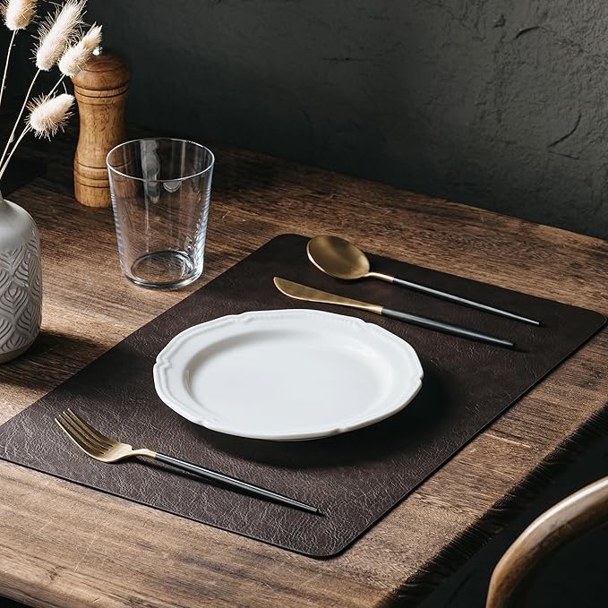 DOLOPL Placemats Set of 8 Reversible Dual-Color Table Placemats – Heat Resistant Wipeable & Brown Placemats, Luxury Faux Leather Table Mats for Vintage Dining Table Decor（Dark Brown & Black）