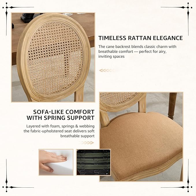 Vintage French Rattan Dining Chairs Set of 6, Round Back Accent Chairs with Rattan Backrest and Upholstered Linen Seat, Solid Wood Frame Sillas de Comedor for Dining Room & Kitchen, Camel