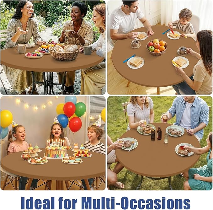 Round Spandex Tablecloth, Elastic Fitted Waterproof Tablecloths for 42"-50" Tables, Stretch Washable Picnic Table Cover for Camping, Dining, Indoor and Outdoor,Brown