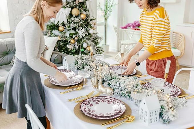 Trendables Disposable Plates For Party Supplies | Burgundy Floral Plastic Plates For Wedding 80 Pcs - 40 X 8 & 40 X 10 Dinner Plate Sets | Floral Plate Set Disposable Plastic Dinnerware Sets