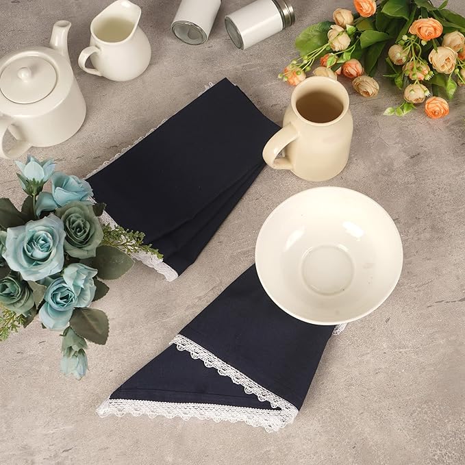 Fingercraft Dinner Cloth Napkin Cotton Linen Set of 12 Mitered Corners with Natural Elegant Lace for Everyday Use Napkins are Pre Shrunk and Good Absorbency with Lace 20x20 in Navy
