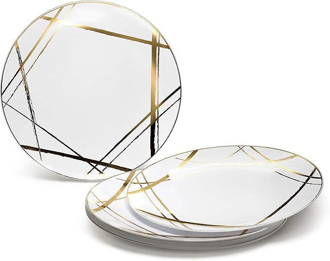 " OCCASIONS " 240 Plates Pack,(120 Guests) Premium Wedding Party Disposable Plastic Plates Set -120 x 10.25'' Dinner + 120 x 7.5'' Salad/Dessert (Monet, White & Gold)