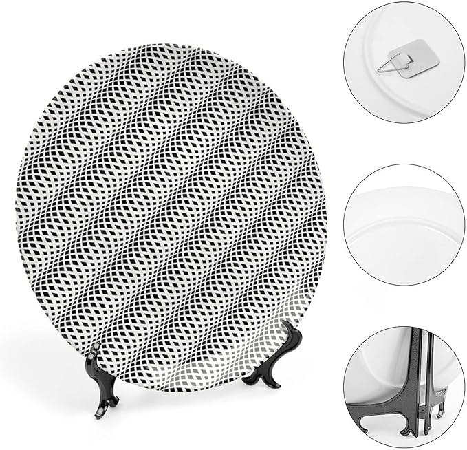 Ceramic Plates, Abstract Decorative Ceramic Plates, Wavy Rhombus Abstract Modern Monochrome Decor, 7 Inch, Household Plates Decorative, Black White