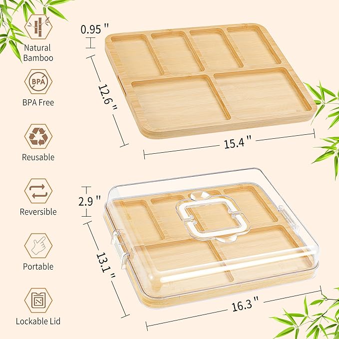 Portable Travel Charcuterie Board with Lid and Handle - Large Bamboo Cheese Board with 4 Cheese Knife Set for Outdoor, Picnics - Weddings, House Warming Gift for Women (6 Compartments, White)