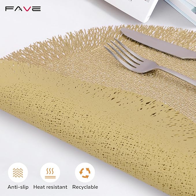 FAVE Set of 10 Round Gold Vinyl Placemats, Luxury Spiral Pattern for Formal Events, Restaurant, Parties, Birthdays (15 Inch,10PCS)