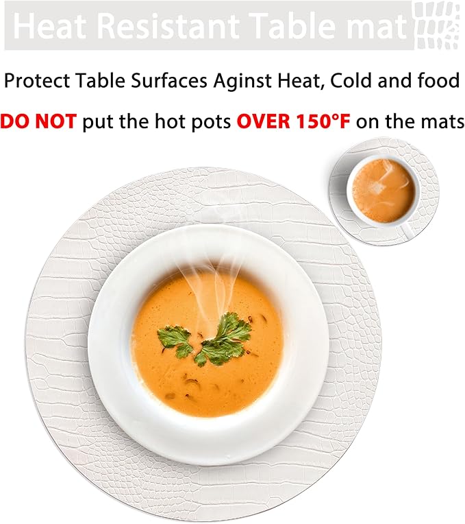 Jovono Round Leather Placemats for Round Tables Set of 4, White Place Mats and Coasters, Wipeable Waterproof Heat Resistant Table Mats Easy to Care for Indoor Decor 13 inch Diameter
