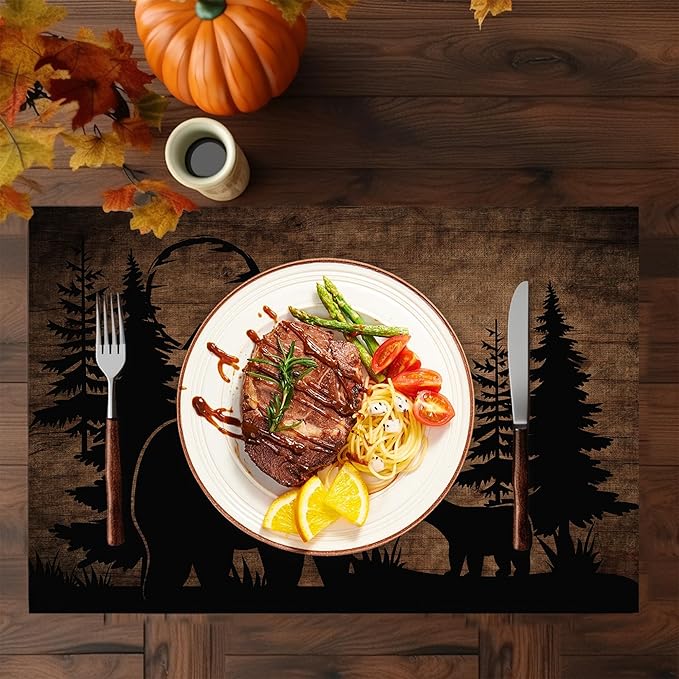 Christmas Bear Lodge Placemats Set of 6,Washable Heat Resistant 12×18 Inch Table Mats Farmhouse Place Mats for Outdoor & Camping Lodge Cabin Decor