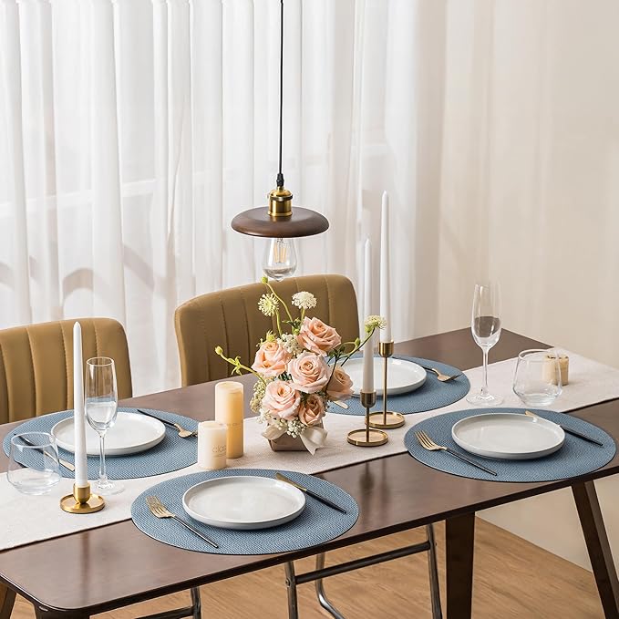 Jovono 15" Faux Leather Big Round Placemats Set of 6 - Washable Heat Resistant Non-Slip Dining Table Mats with Fabric Texture for Kitchen Home Party Decor, Light Blue