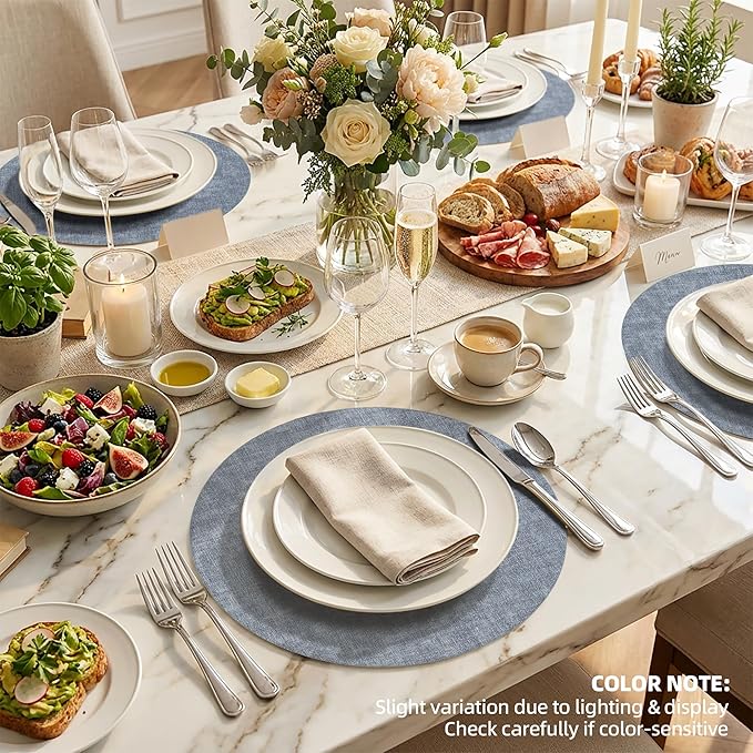 15 inch Faux Leather Round Placemats Set of 6 Non-Slip Washable Wipeable Table Mats, Heat Resistant Waterproof Oilproof Blue Place Mats for Kitchen, Dining, Party, Indoor, Outdoor
