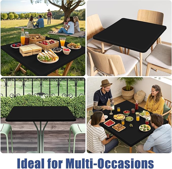 Spandex Picnic Table Cloth 2 Pack, Elastic Fitted Tablecloths for Square Tables, Stretch Washable Patio Table Cover for Outdoor, Camping, Banquet and Parties (Black, 36"x36")