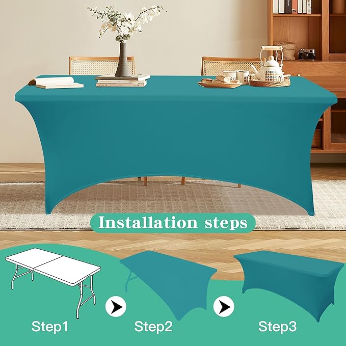 2Pack 4FT Table Cloth for Rectangular Fitted Events Stretch Emerald Green Table Covers Washable Spandex Tablecloth Protector for Party, Wedding, Cocktail, Banquet, Festival