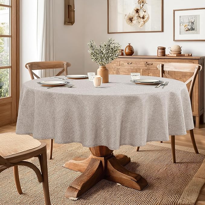 JIUZHEN Round Table Cloth Faux Linen Farmhouse Tablecloth Wrinkle and Stain Resistant Decorative Fabric Table Cover for Kitchen, Dining Room, Parties and Camping, Stone, 120 Inch Round