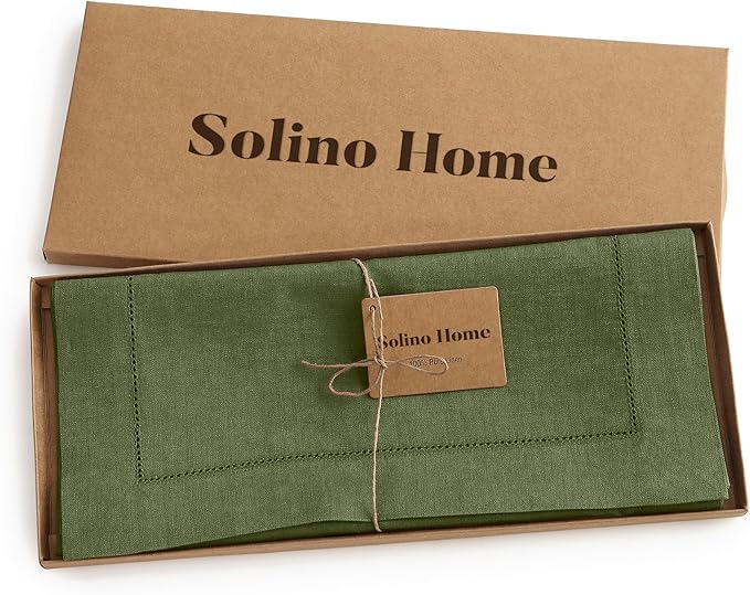 Solino Home Linen Table Runner 48 Inches - 100% Pure Linen Olive Hemstitch Table Runner 14 x 48 Inch Ideal for Dresser and Coffee Tables - Classic Hemstitch - St Patricks Day