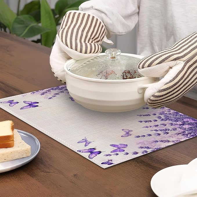6 Pcs Placemats,Lavender Butterfly Placemat,Purple Table Mats Washable Recyclable Table Placemats for Indoor Outdoor Heat Resistant Kitchen Dining 12"x18"