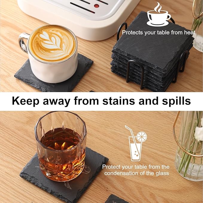 Slate Coasters Set of 60,4-Inch Black Square Stone Drink Coasters with Scratch-Resistant Backing,Durable Tabletop Protection for Home Office Kitchen,Ideal Housewarming Wedding Gifts