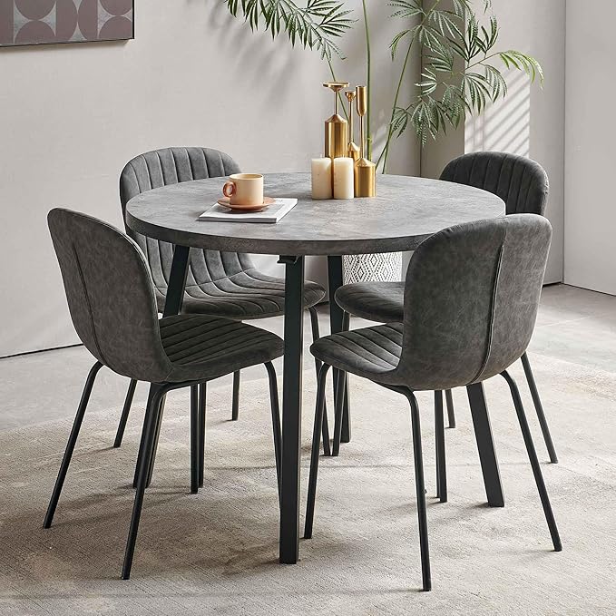 Round Dining Table Set for 4 with PU Leather Chairs - Modern Kitchen Table and Chairs Set for Small Spaces - Dark Grey