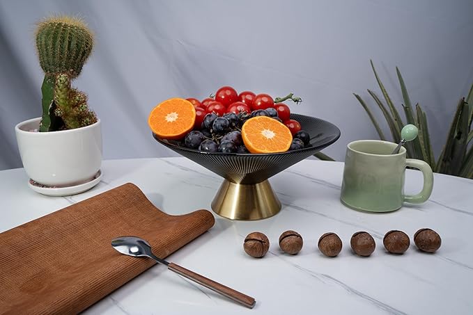 Tapered Glass Decorative Bowl (Gray), 9.8 Inches Handblown Striped Design Fruit Bowl with Rust-Resistant Metal Base for Home Decor, Table Centerpiece, Kitchen Island and Dining Decor