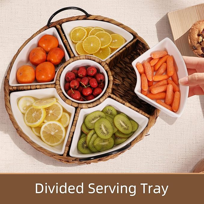Serving Tray and Platters, 7-Set Gold Platters for Parties, 15.5 x 15.5 inches, Divided Serving Trays & Portable Handle for Home Dining, Gift Box Packaging.