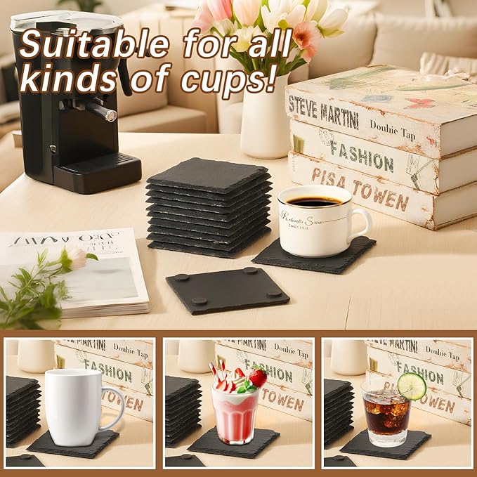 60 PCS Slate Coasters Black Square 4 Inch Bulk Rock, Blank Laser Engraving, Scratch Resistant Bottom, Home Office Kitchen Gift Wedding Bar Party Square Coasters