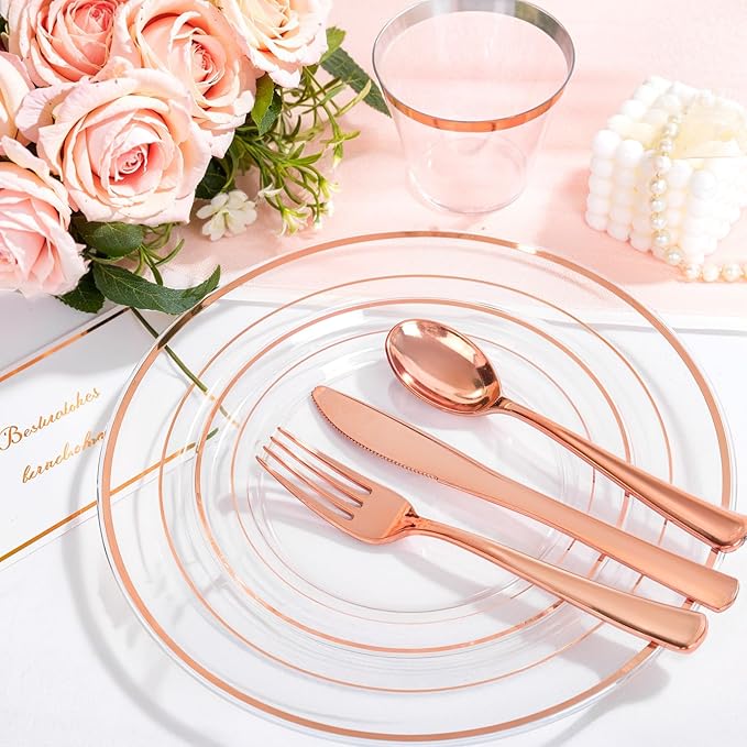 bUCLA 150PCS Clear Rose Gold Disposable Dinnerware set - Rose Gold Plastic Plates Include 25 Dinner / 25 Dessert Plates, 25 Knives, 25 Forks, 25 Spoons, 25 Cups for Party, Wedding & Valentines Day