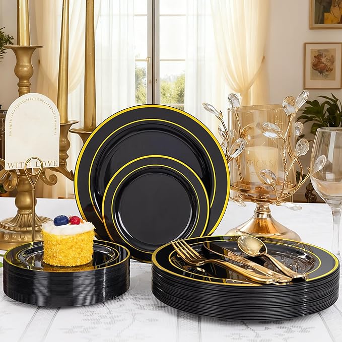 GATHER 350PCS Black Plastic Plates - Black and Gold Disposable Dinnerware Set Include 100 Plates, 150 Gold Silverware, 50 Napkins, 50 Cups for Party & Wedding & Birthday