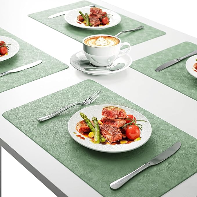 Vinyl Placemats Set of 6 Faux Leather 100% Waterproof Wipeable Washable Place Mats Heat Resistant Easy Clean Non-Slip Table Mats for Indoor Outdoor. (6, Green)