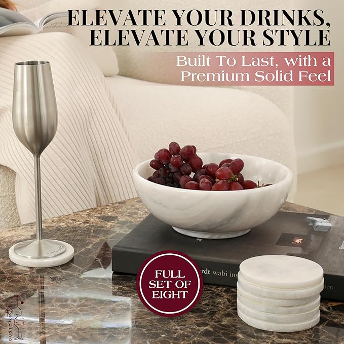 Gusto Nostro Marble Coasters Set of 8 - Modern Natural Stone Coasters for Drinks - Genuine Marble Kitchen Accessories, Round Artisanal Stone Coaster for Kitchen Counter, Coffee Table, Countertop
