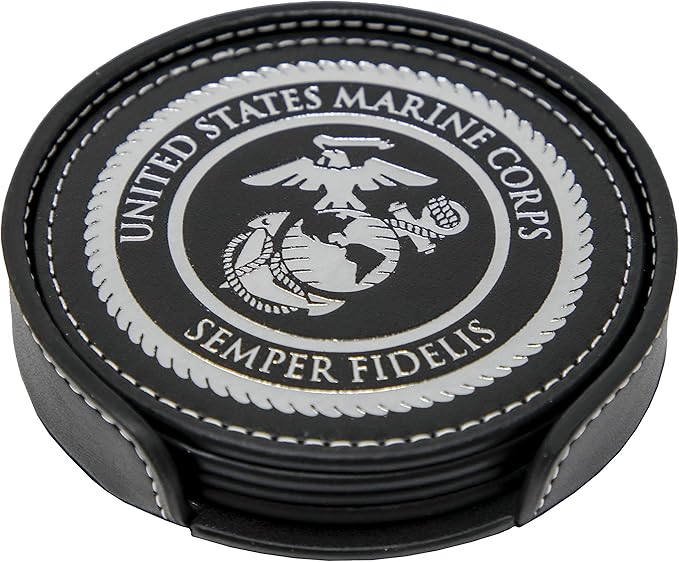 USMC Leather Coaster Set - 4 Premium Coasters with Hot Stamped Foil US Marines EGA Logo - Marine Corps Gift | USMC Leather Coasters