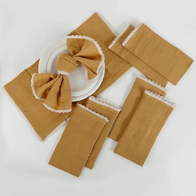 FINGERCRAFT Dinner Cloth Napkin Cotton Muslin Double Gauze 4 Pack with Classic Lace for Everyday Use, Wedding, Party, Christmas, Easter Napkins Cloth are Pre Shrunk and Good Absorbency Gold