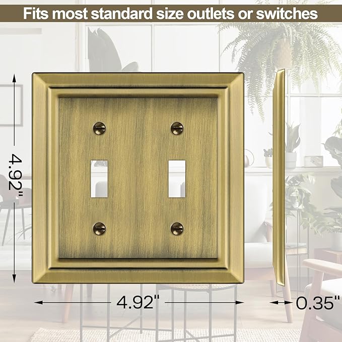 Metal Wall Plate for Electrical Outlets, Decorative Antique Brass Switch Plates Outlet Cover, Light Switch Cover Plate, 2-Gang Wall Plates (Double Toggle, 2 Pack)