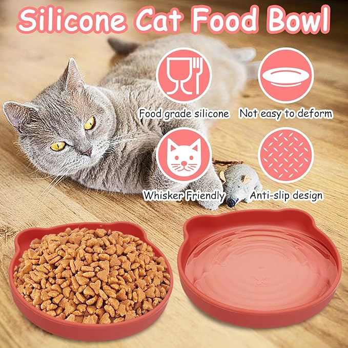 Silicone Cat Food Bowl Suction Cup Cat Dish 7" Shallow Cats Food & Water Bowls Set of 2 Non-Slip Kitty Plates Relief Whisker Fatigue Puppy Feeding Bowl for Dry & Wet Food (Red)