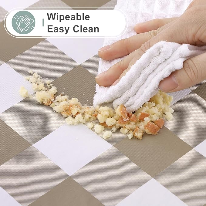 misaya Rectangle Waterproof Vinyl Table Cloth, Buffalo Flannel Backed Tablecloth, Wipeable Plastic Table Cover for Dinner, Kitchen, Outdoor (60" x 84", Khaki and White)