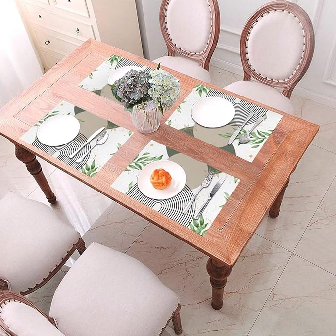 Boho Sage Green Placemats Abstract Bohemian Mid Century Modern Gold Leaves Plant Olive Grey Minimalist Washable Place Mats 12x18Inch for Dining Kitchen Farmhouse Decor 6 PCS