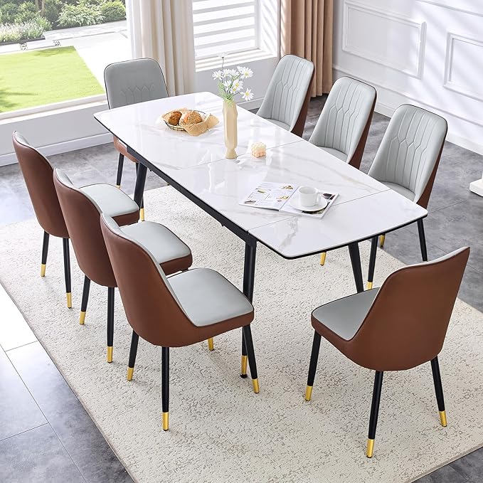 Extendable Dining Table Set for 8, 55'' to 78.8'' Rectangular Thickened Sintered Stone Kitchen Table with 8 Upholstered Chairs, Modern Space Saving 9-Piece Dinner Table Set