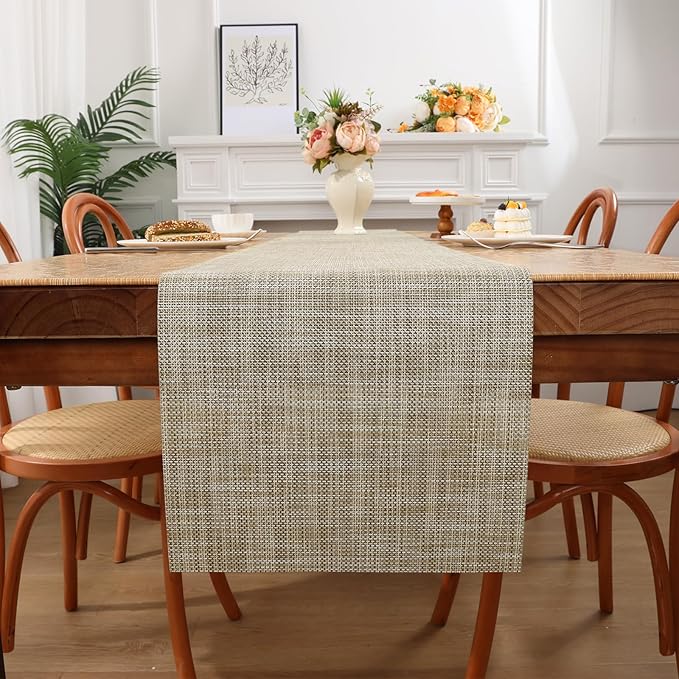 SHACOS Woven Vinyl Table Runners 12 x 54 inch Wipeable Table Runner Heat Resistant Runner for Table Indoor Outdoor, Beige