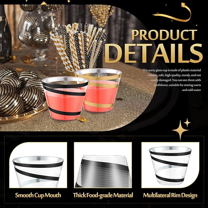 Gejoy 9 oz Rimmed Swirl Plastic Cups Disposable Wine Drinking Cups Clear Elegant Halloween Tumblers for Christmas Party Supplies(Black, Gold,200 Pcs)