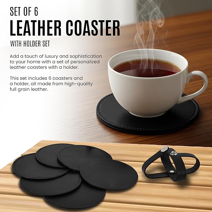 Genuine Leather, Premium Table Coasters by Leatherific, Round, 4 inch, Set of 6, with Holster, Handcrafted, Hand Made, Non Slip Drink Mats, Black (Onyx Black, 4")