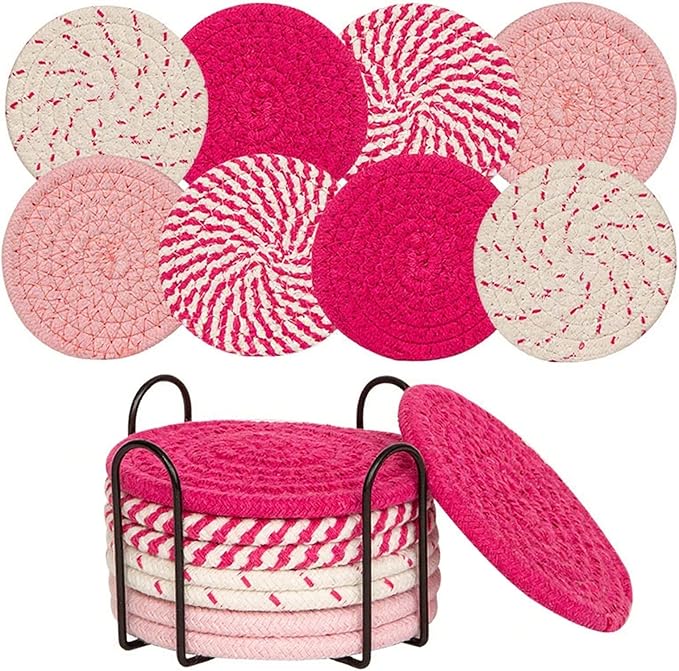 8 Pcs Drink Coasters with Holder, Handwoven Cotton Coasters Set Stackable Absorbent Minimalist Home Decor for Table, Cup, Mug (Pink)