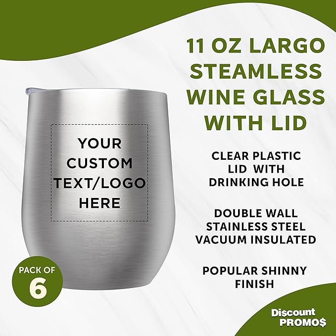 Custom Stemless Wine Glass Tumblers with Lids by Largo 11 oz. Set of 6, Personalized Bulk Pack - Perfect for Wine, Cocktails, Other Hot & Cold Beverages - Silver