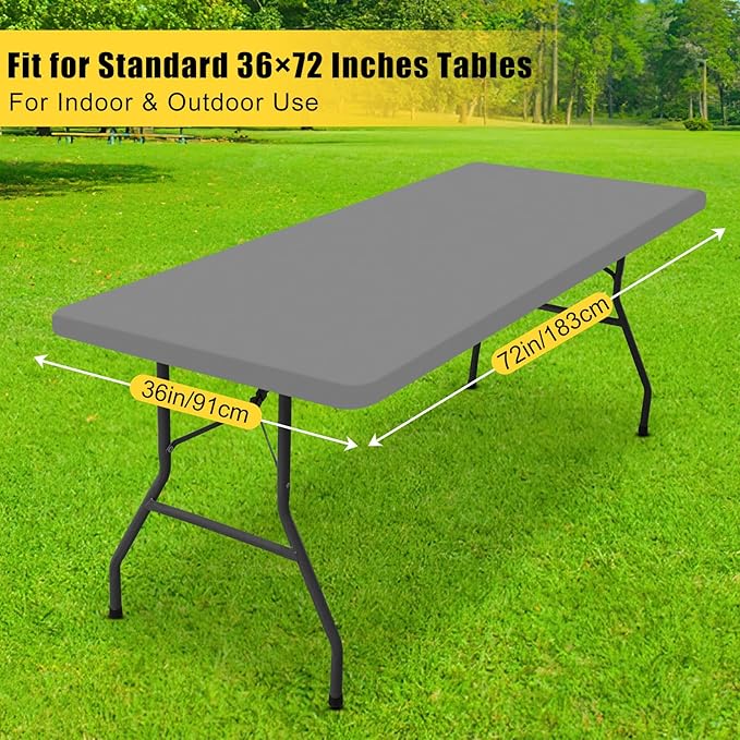 Smiry Rectangle Tablecloth, Elastic Fitted Flannel Backed Vinyl Tablecloths for 6ft Folding Tables, Waterproof Wipeable Table Covers for Indoor, Outdoor, Picnic and Camping (Grey, 36"x72")