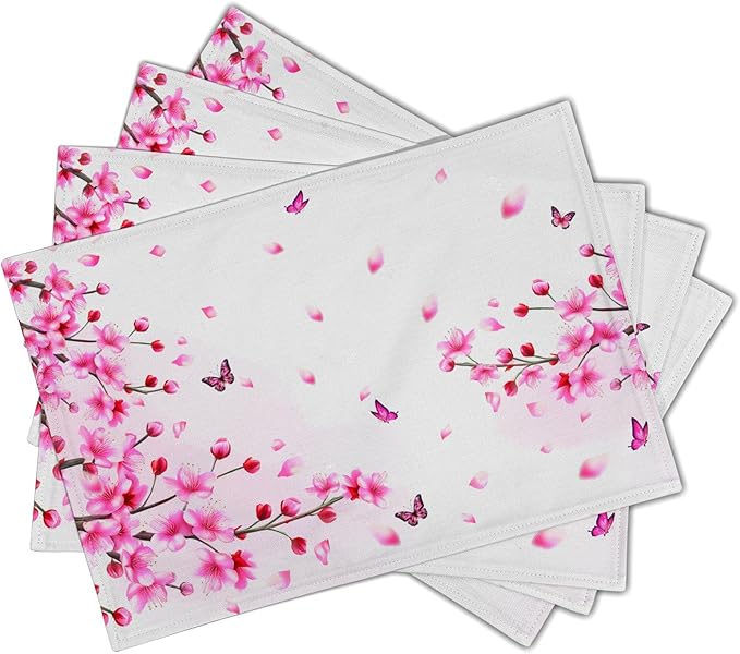 Cherry Blossom Placemats - Sakura Place Mats Set of 4 Pink Floral Flower Tablemats 12x18 for Party Kitchen Dining Farmhouse