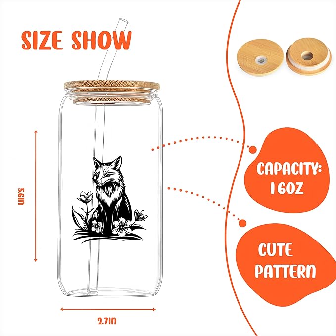 Cute Fox Glass Cup With Lids And Straws, Fox Gift For Women, Iced, Coffee, Smoothie, Cocktail, Beer, Whiskey, Soda, Matcha,16 Oz, Home Office Table Desk Decoration!
