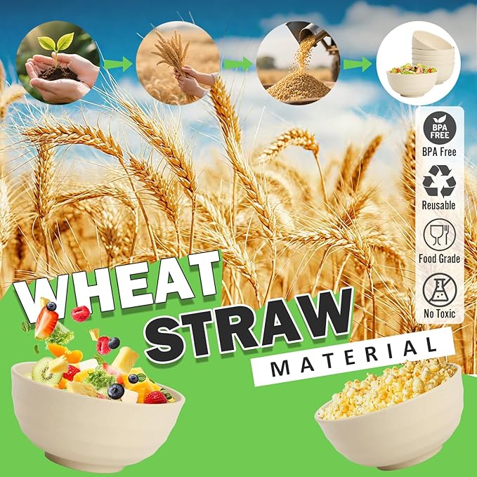 Large Wheat Straw Bowls Set of 6, 60 OZ Unbreakable Serving Bowls, Microwave Safe & Dishwasher Safe, Perfect for Salad, Fruit, Cereal, Soup, Ramen, Family Meals, Beige