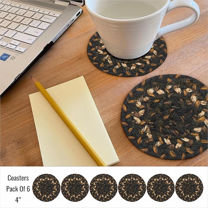 Homespice Kilimanjaro Jute Braided Rope Coasters 4", Warm Primitive Decor, Set of 6, Black and Tan - Durable, Absorbs Moisture, Easy to Clean and Protects Furniture