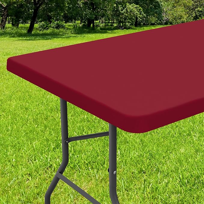 Smiry Rectangle Tablecloth, Elastic Fitted Flannel Backed Vinyl Tablecloths for 4ft Folding Tables, Waterproof Wipeable Table Covers for Indoor, Outdoor, Camping and Picnic (Wine Red, 30"x48")