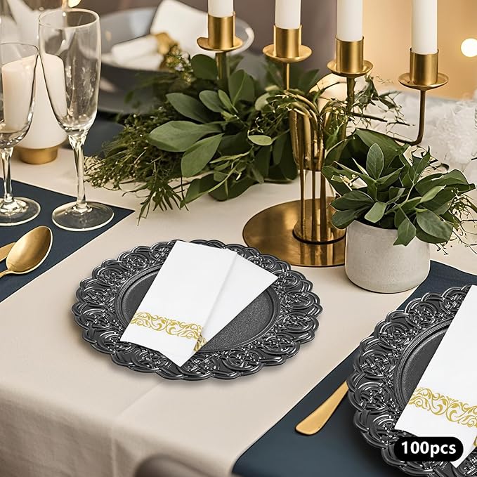 100 Pcs Antique Charger Plates Bulk, 13in Reusable Serving Plates Embossed Rim Plastic Party Dinner Plate Chargers Round Decorative Server Plate for Wedding Party Event Tableware