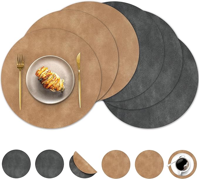 Round Placemats and Coasters Set of 6, Washable Reversible Faux Leather Placemats Cowhide Pattern Place Mats Wipeable Non-Slip 15 inch Round Kitchen Dining Table Mats (Gray Tan, 6)