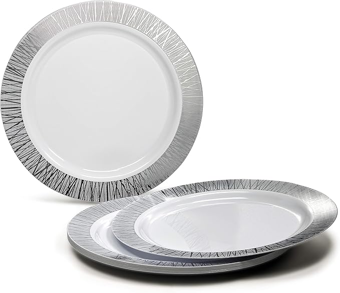 OCCASIONS 120 Plates Pack,(60 Guests) Premium Wedding Party Disposable Plastic Plates Set -60 x 10.25'' Dinner + 60 x 7.5'' Salad/Dessert (Starlight in White & Silver)