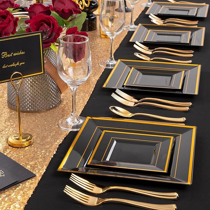 Liacere 100PCS Black and Gold Square Plastic Plates-50PCS Dinner Plate and 50PCS Dessert Plate-Durable Fancy Disposable Plates for Party & New Year & Martin Luther King Jr. Day