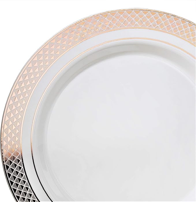 OCCASIONS 120 Plates Pack,(60 Guests) Heavyweight Premium Wedding Party Disposable Plastic Plates Set -60 x 10.5'' Dinner + 60 x 7.5'' Salad/Dessert (Celebration White & Rose Gold)